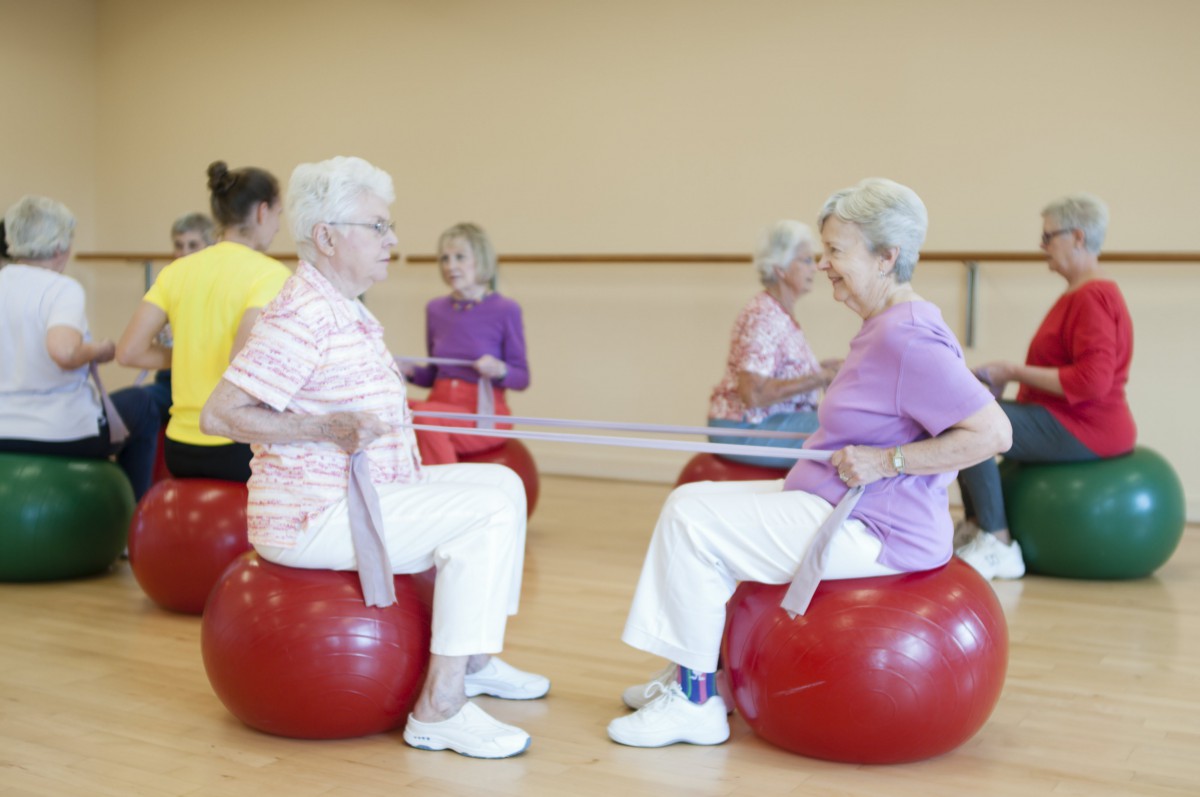 A group of seniors participating in a fitness class using yoga balls and resistance bands.