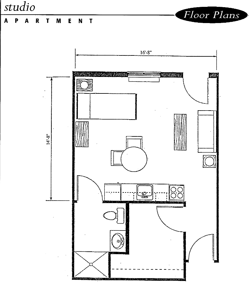 Studio apartment floor plan with designated areas for living, dining, and sleeping.
