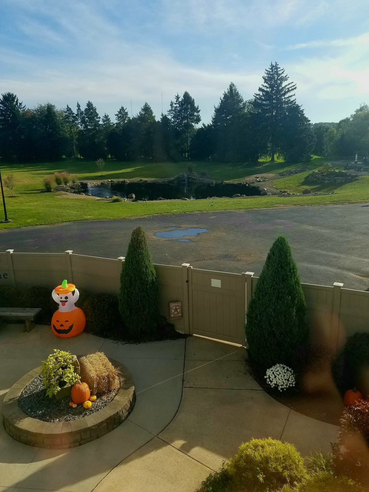 A backyard with festive pumpkin decorations overlooking a lush green landscape and trees.