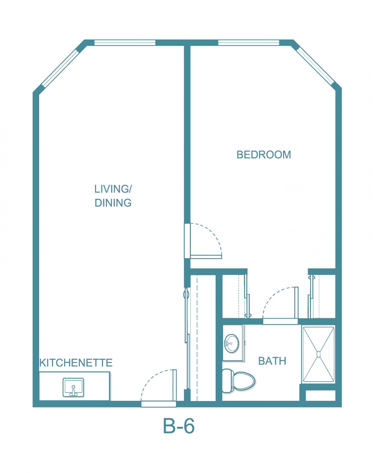 A floor plan layout of a one-bedroom apartment with a kitchenette, living/dining area, bathroom, and bedroom.