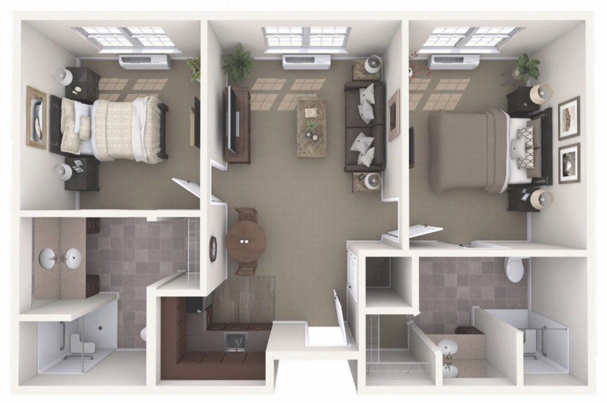 A 3D floor plan of a two-bedroom apartment with a living room, kitchen, and bathroom.