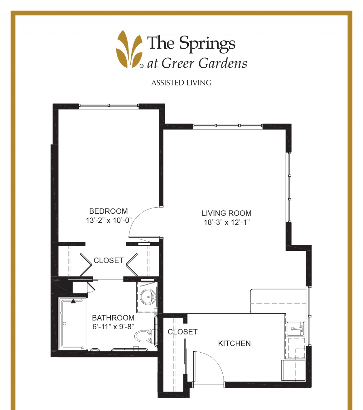 A floor plan of a one-bedroom apartment at The Springs at Greer Gardens, featuring a living room, kitchen, bathroom, and closet.
