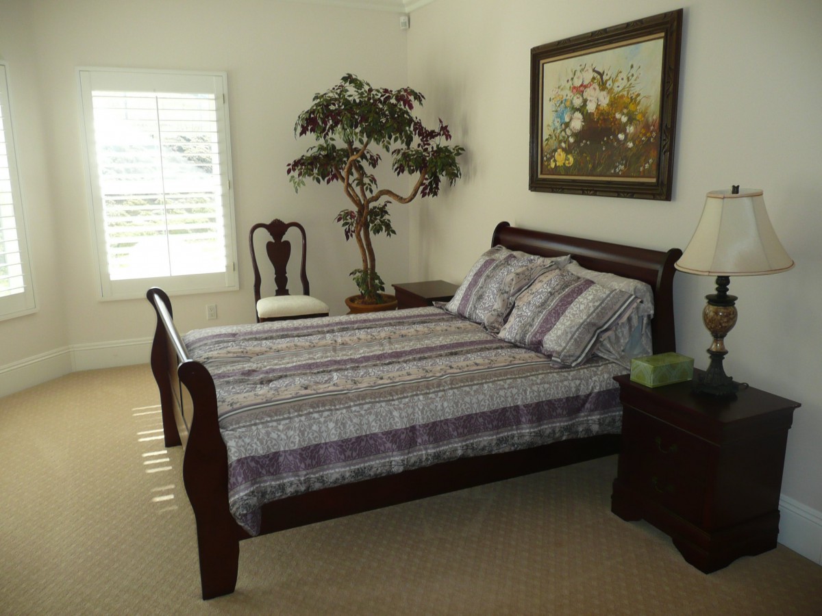 A cozy bedroom featuring a wooden bed, nightstand, decorative plant, and wall art.