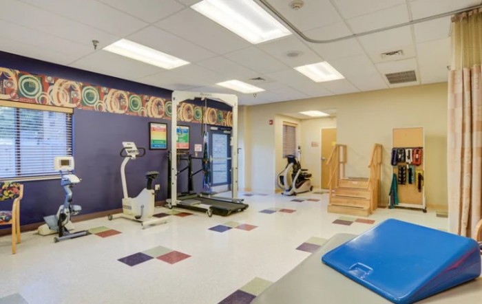A modern rehabilitation gym equipped with a treadmill, stationary bike, and other exercise tools.