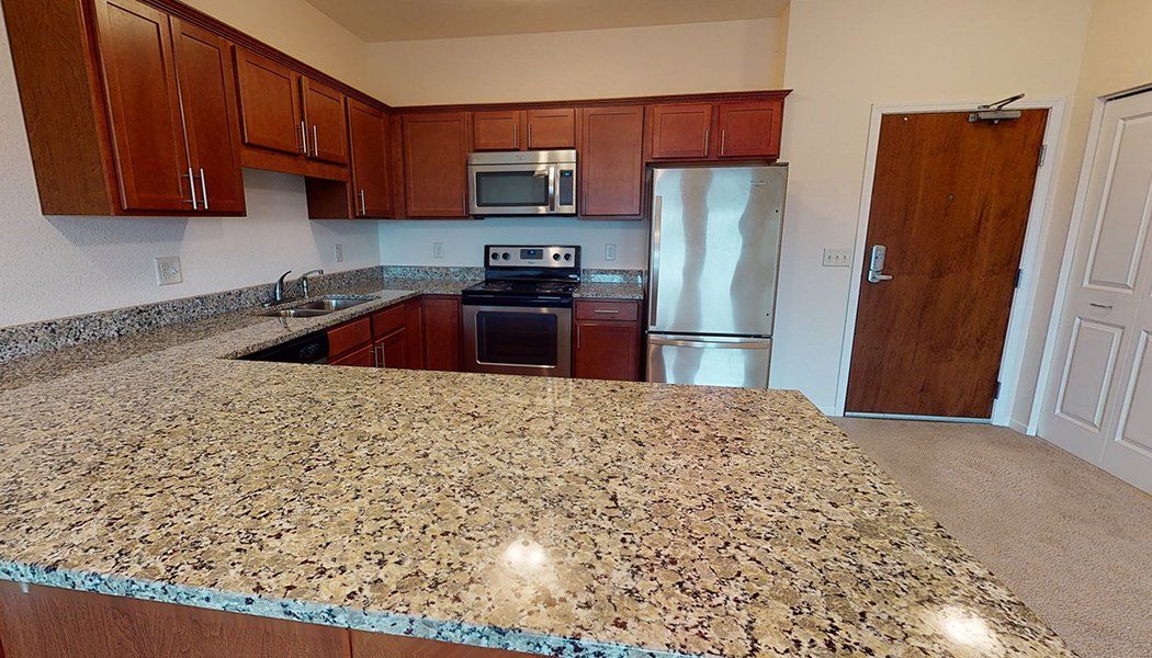 A modern kitchen featuring stainless steel appliances and a granite countertop.