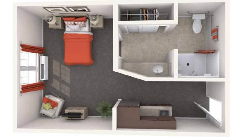 A top-down view of a compact apartment floor plan featuring a bedroom, bathroom, and living area.