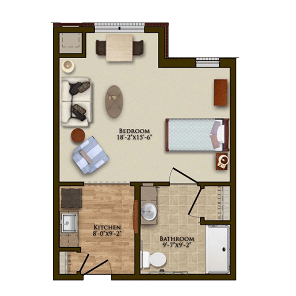 A floor plan of a one-bedroom apartment including a living room, kitchen, and bathroom.