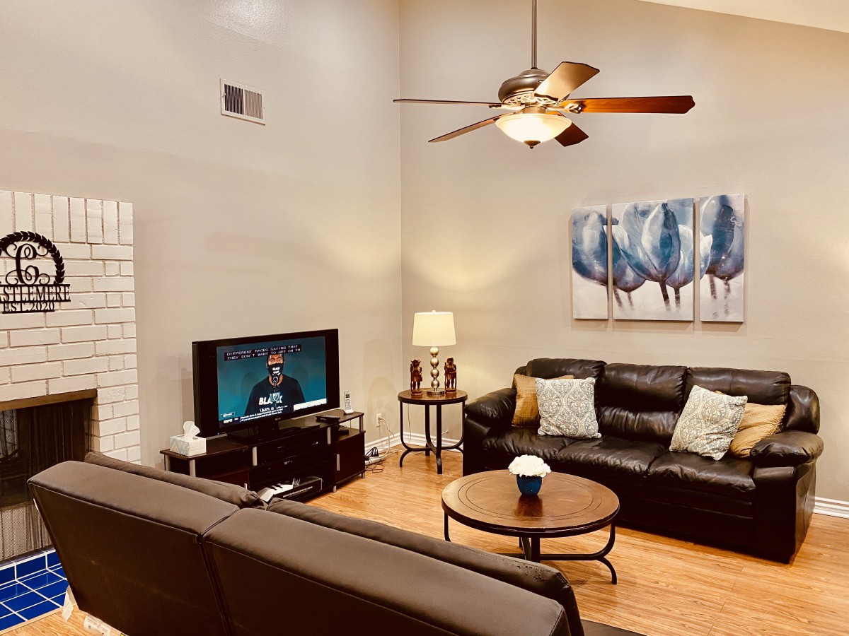 A cozy living room with modern decor, featuring leather sofas, a TV, and stylish artwork.