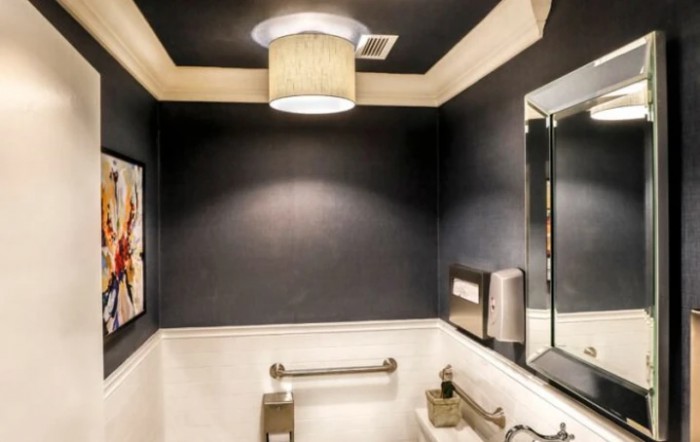 A modern and minimalist bathroom with dark walls, featuring a stylish lighting fixture and decorative wall art.