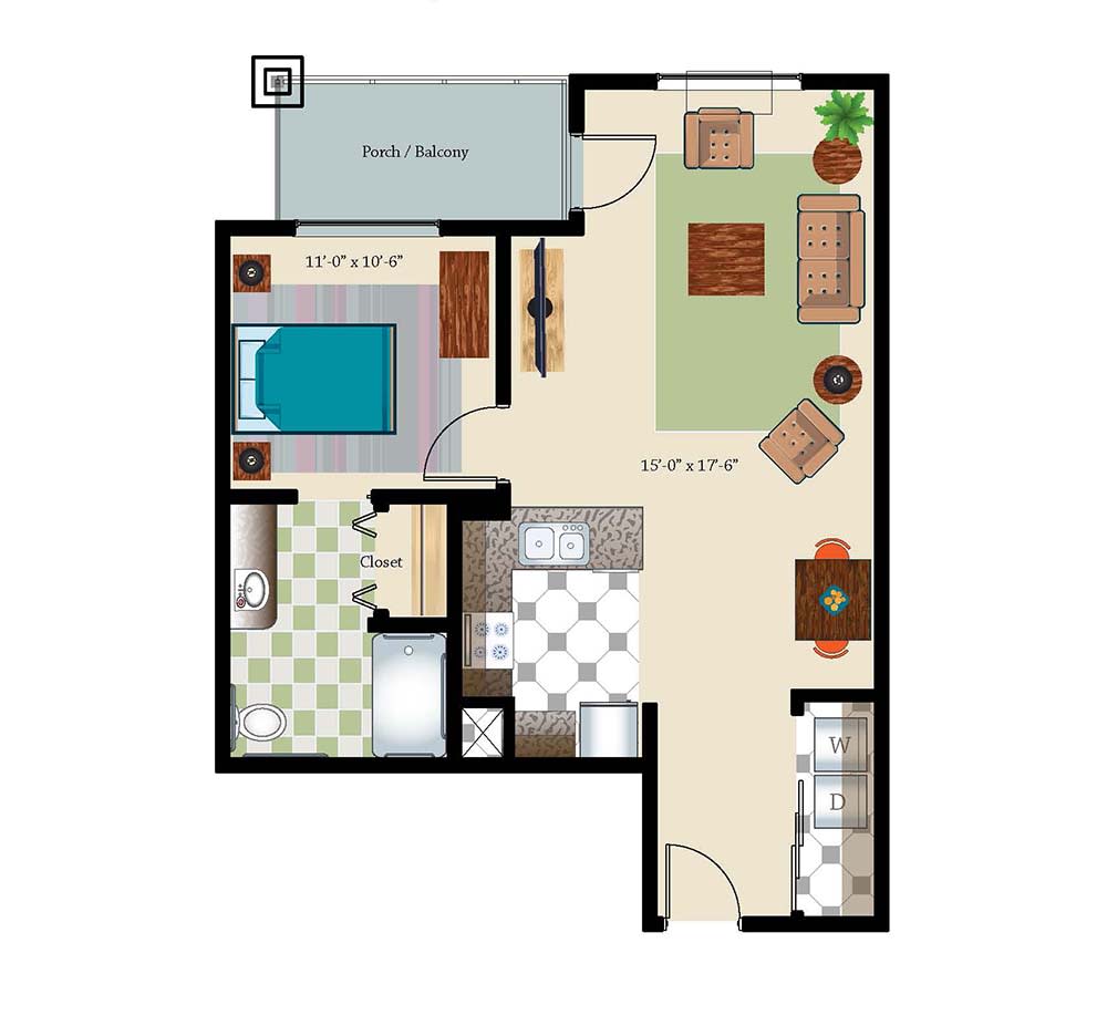A one-bedroom apartment floor plan featuring a living room, kitchen, bathroom, bedroom, and a balcony.