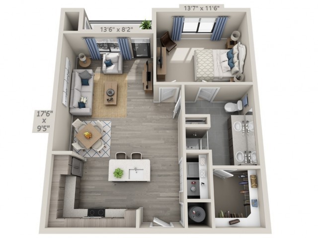 1-bedroom apartment floor plan with a modern interior layout, featuring a living room, kitchen, and bathroom.