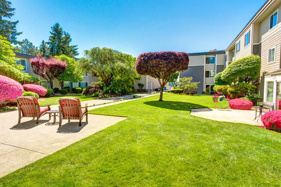 A beautifully landscaped garden area with lush green lawn, trees, and outdoor seating in an apartment complex on a sunny day.
