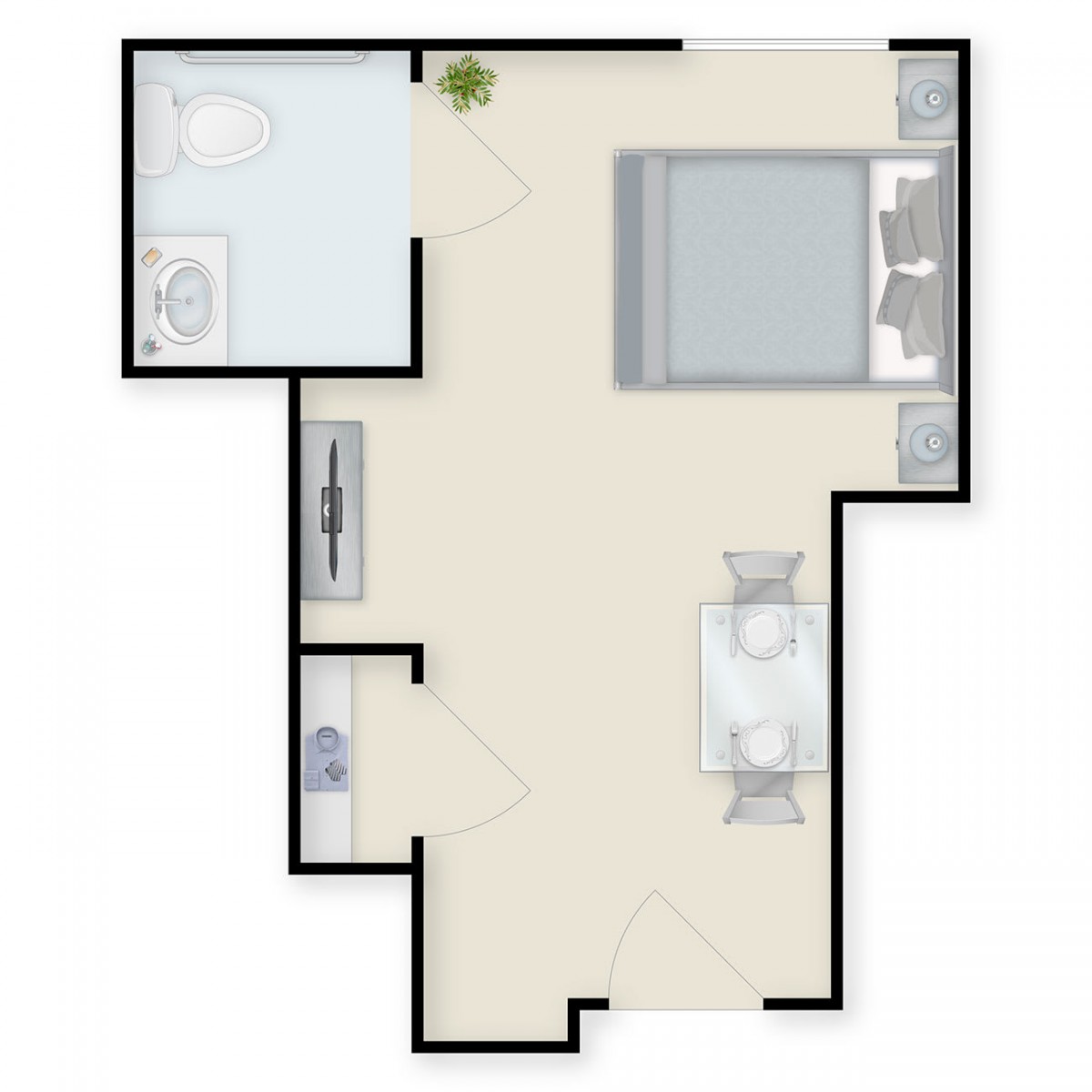 A floor plan of a one-bedroom apartment with a bedroom, bathroom, and living area.