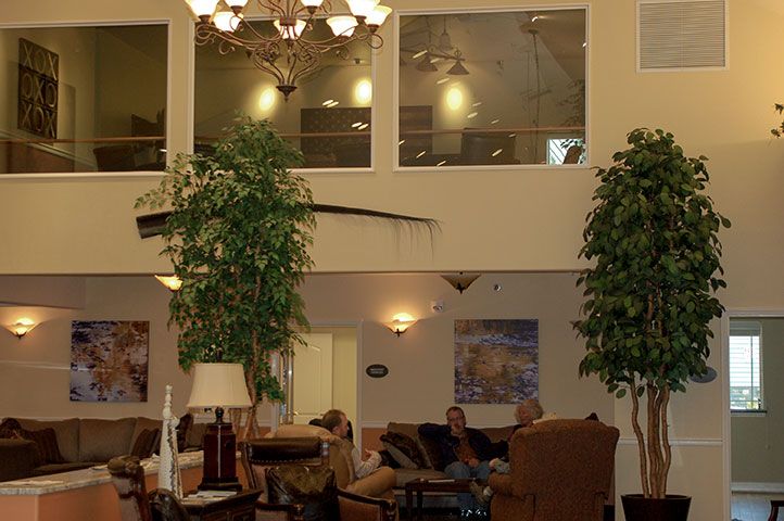 A spacious lobby area featuring comfortable seating, large indoor plants, and a chandelier.