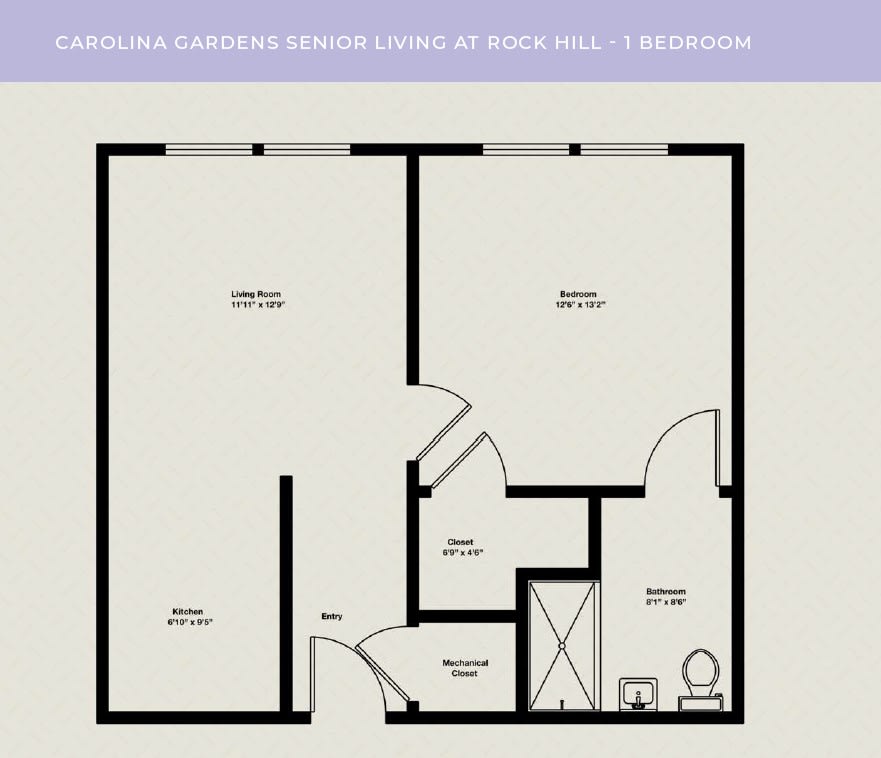 Studio apartment floor plan with designated living and bathroom areas.