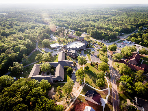 A serene aerial view showcasing a vibrant community surrounded by lush greenery.