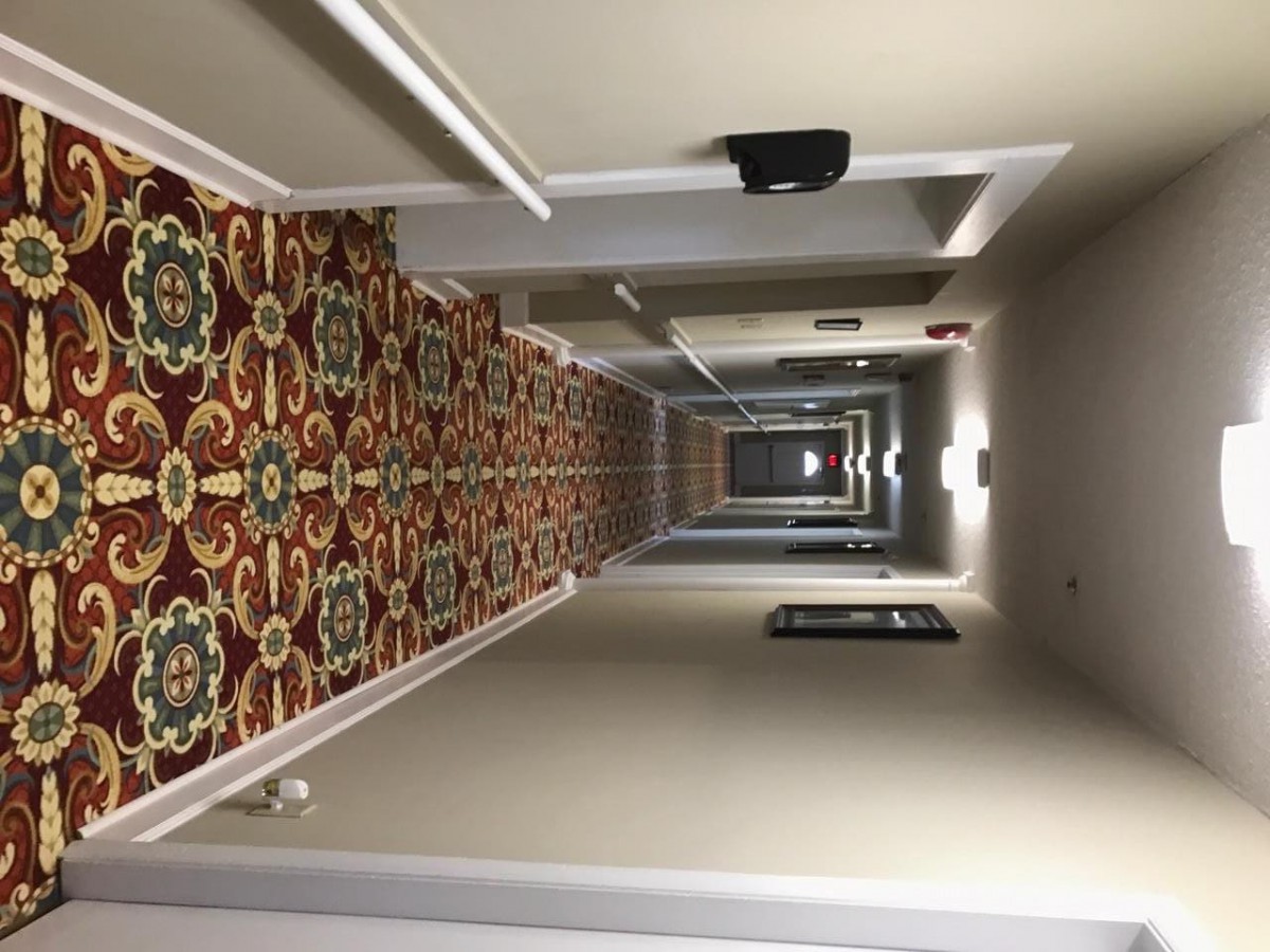 A long hallway with patterned carpet and overhead lighting.