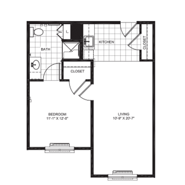 A floor plan of a one-bedroom apartment featuring a living room, kitchen, bathroom, and closet.
