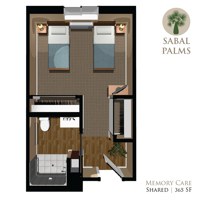 A detailed floor plan of a shared nursing care room at Sabal Palms.