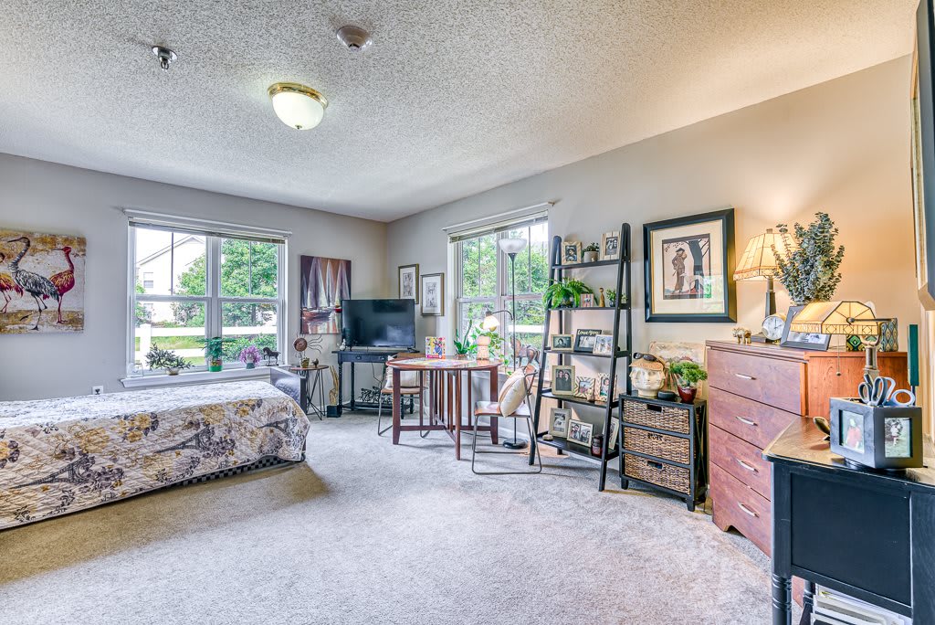 A cozy bedroom with ample natural light, featuring a bed, television, and decorative elements.