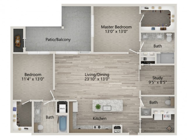 A detailed floor plan of a three-bedroom apartment with labeled rooms, including a living/dining area, kitchen, and patio/balcony.