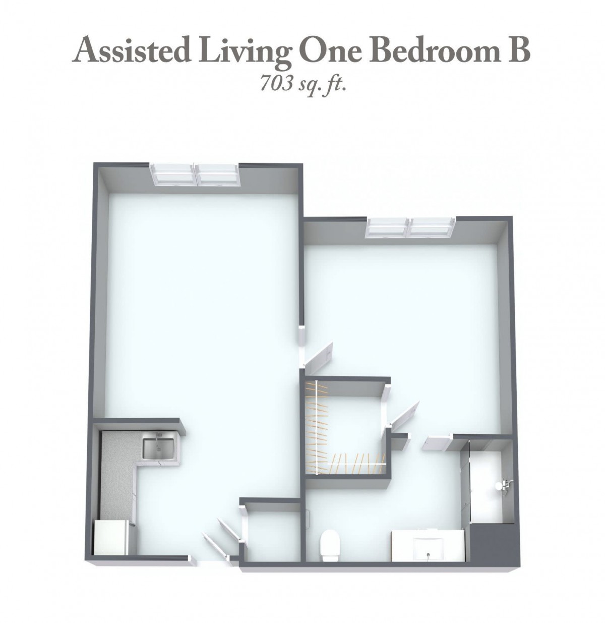 A floor plan showing the layout of an assisted living one-bedroom apartment, labeled 'B' with a total area of 760 square feet.