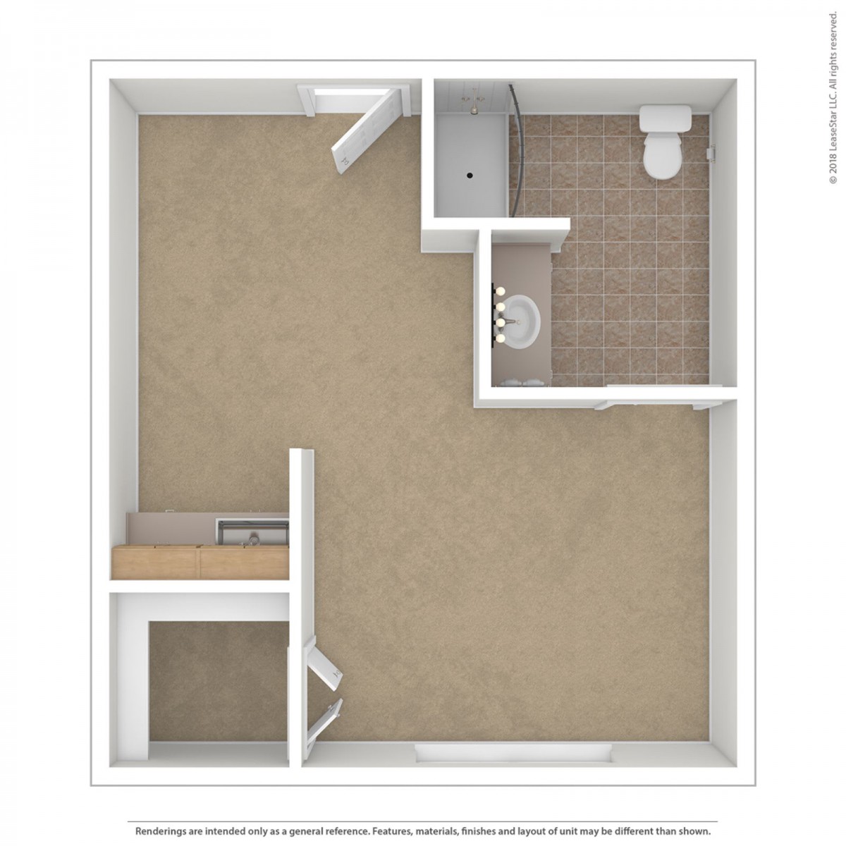 Studio apartment floor plan with an open living space, kitchen area, and one bathroom.