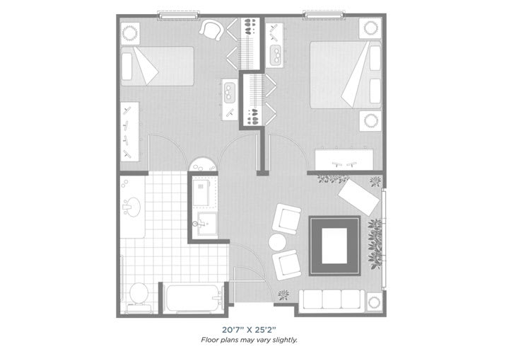 A floor plan illustrating a two-bedroom apartment with a living room, kitchen, and bathroom.