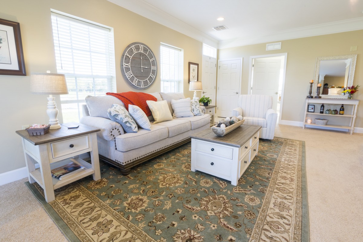 A cozy and elegantly decorated living room featuring a comfortable sofa adorned with decorative pillows, a wooden coffee table, and a patterned rug.