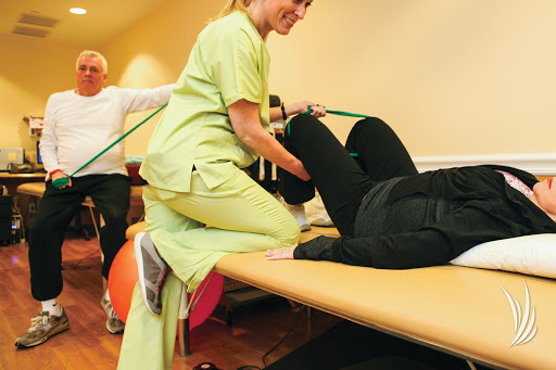 A physical therapist assisting a patient with rehabilitation exercises in a healthcare setting.