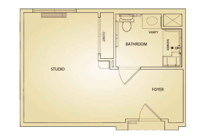 Floor plan of a studio apartment with a bathroom and foyer.