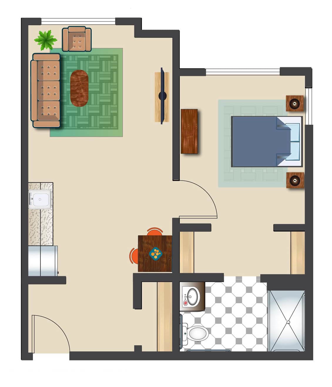 A simple one-bedroom apartment floor plan featuring a living area, bedroom, and bathroom.
