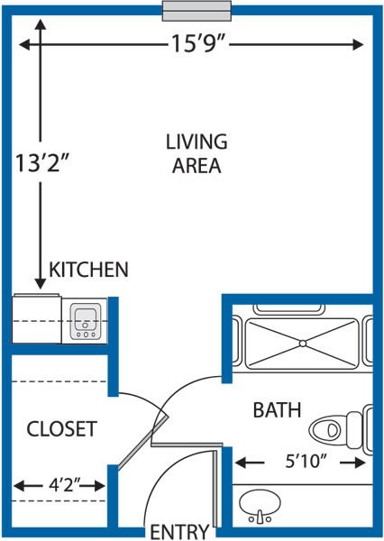 A floor plan of a studio apartment featuring a living area, kitchen, bathroom, and closet.