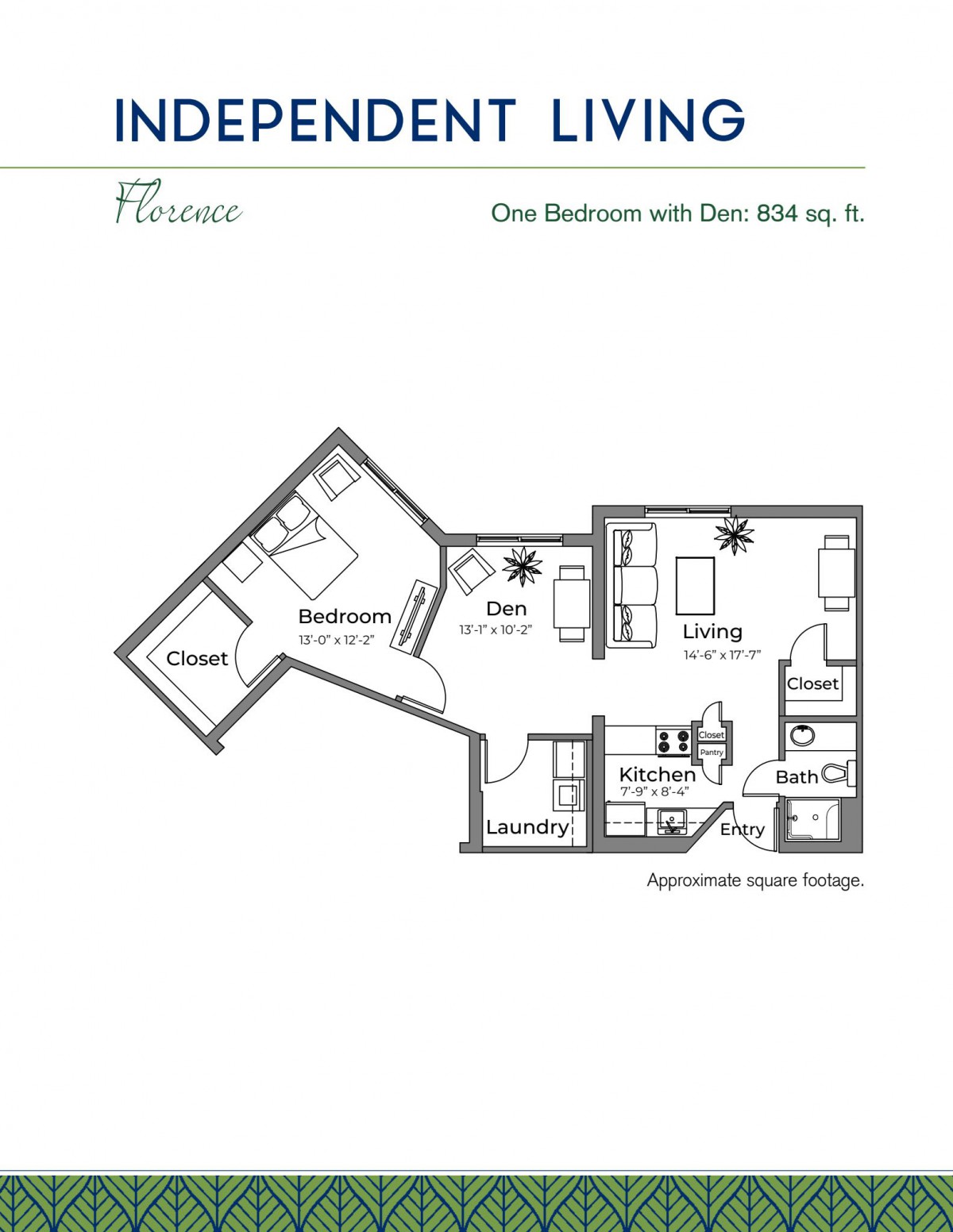 Floor plan of a one-bedroom apartment with a den, including living area and bathroom.