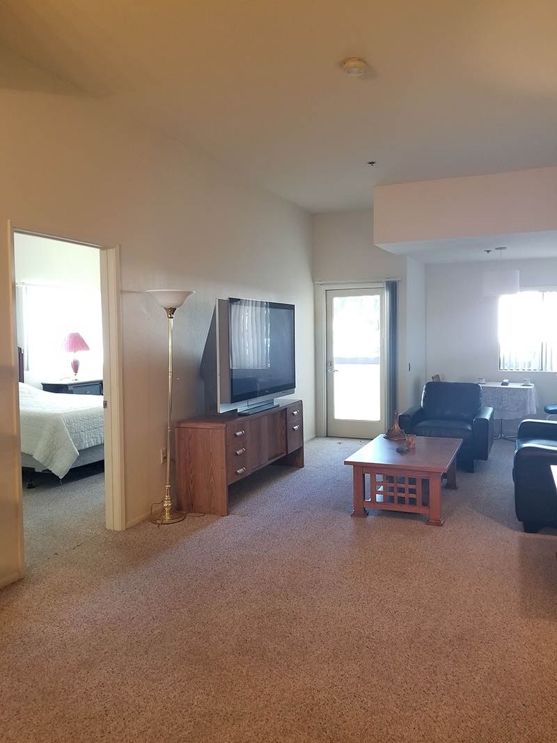 A spacious living room with a TV, sofa, and coffee table, adjacent to a bedroom.