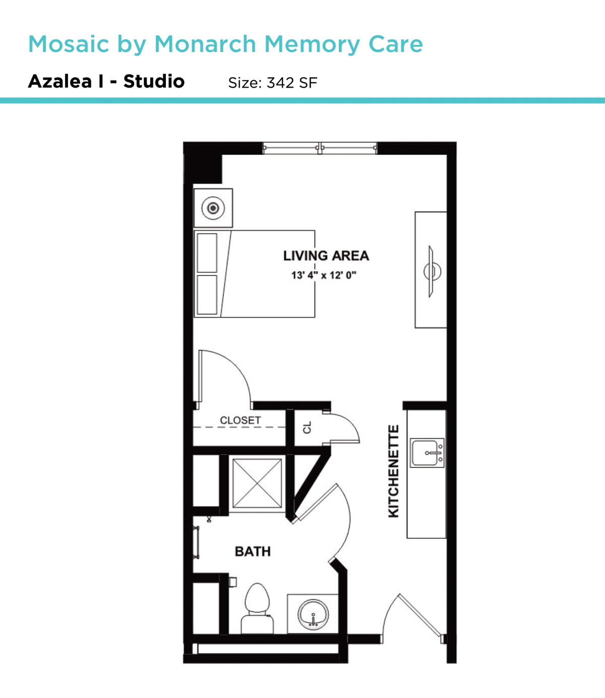 Studio apartment floor plan with a living area, kitchen, and bathroom.