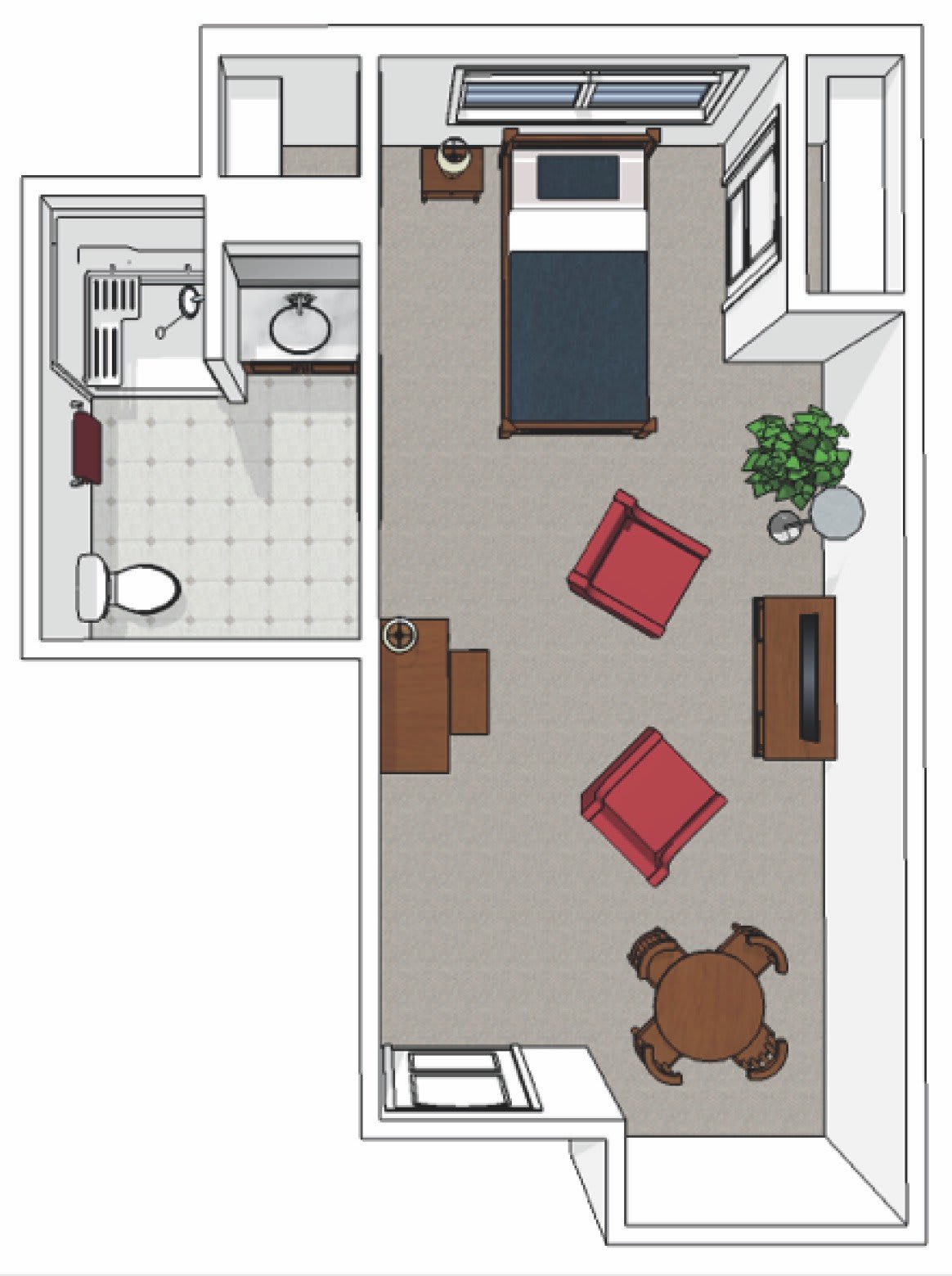 A floor plan of a small apartment showing a combined living and sleeping area with a separate bathroom.