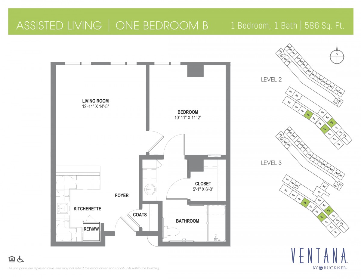 One-bedroom assisted living floor plan layout.