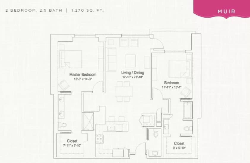 A floor plan showing a 2-bedroom, 2-bathroom apartment layout with a living and dining area.