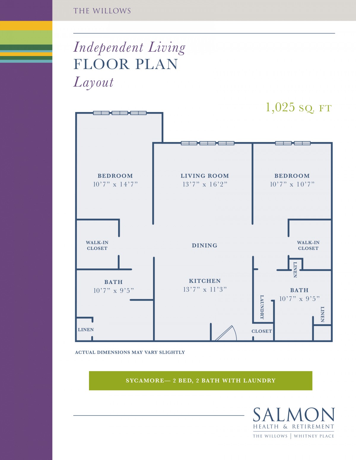A layout of a two-bedroom apartment floor plan with labeled rooms including kitchen, living room, and bathroom.