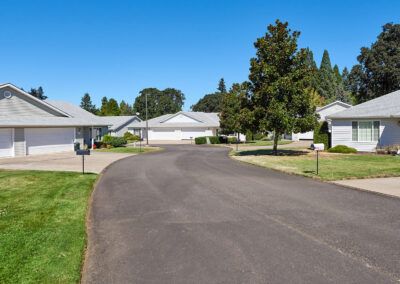 A suburban neighborhood with neatly lined houses and a clear blue sky.