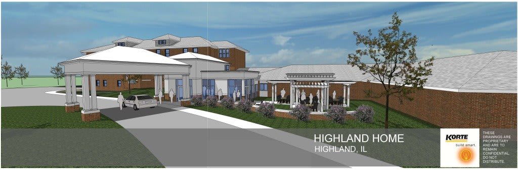Architectural rendering of a modern building with landscaped surroundings.