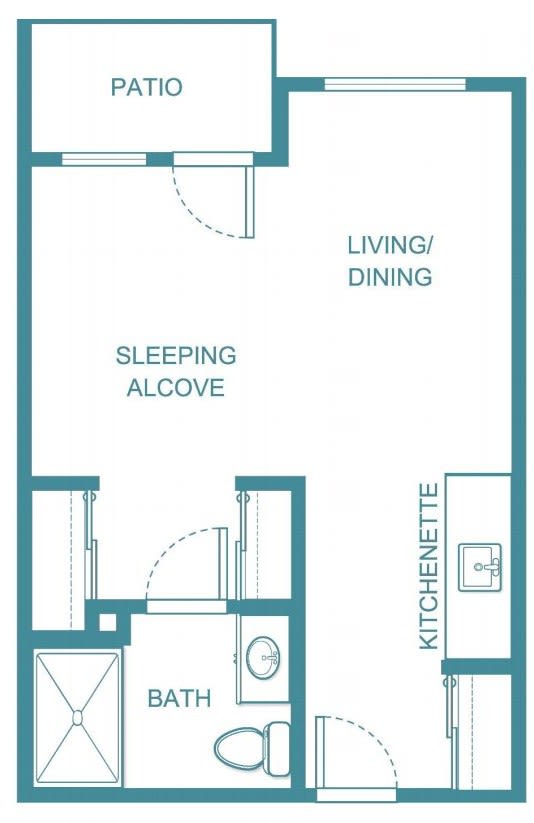 Studio apartment floor plan with a sleeping alcove and kitchenette.