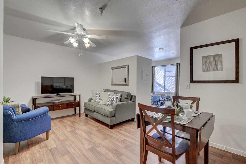 A cozy living room with a sofa, dining table, and television on a wooden floor.