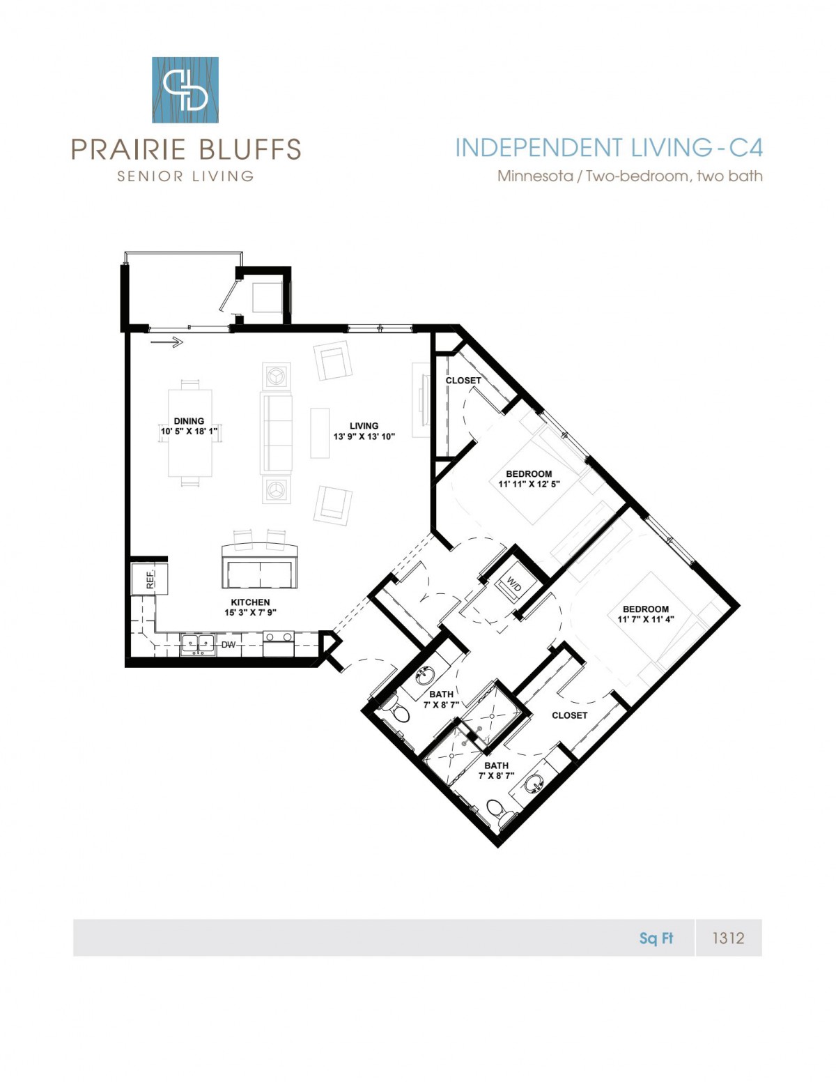 Floor plan of a two-bedroom apartment at Prairie Bluffs, showcasing the layout with designated living and kitchen areas.