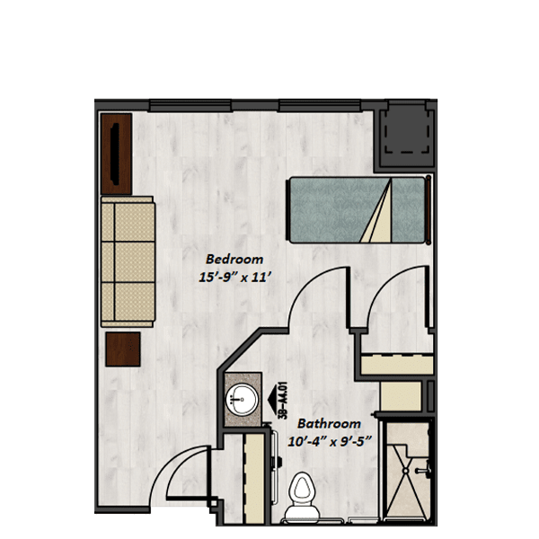 A floor plan showing the layout of a small apartment with specified room dimensions.