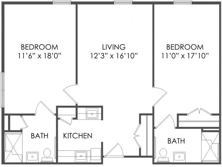 A blueprint of a two-bedroom apartment featuring a central living area, kitchen, and two bathrooms.