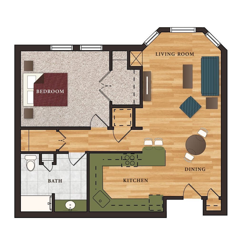 A floor plan of a one-bedroom apartment, featuring a living room, kitchen, and bathroom.