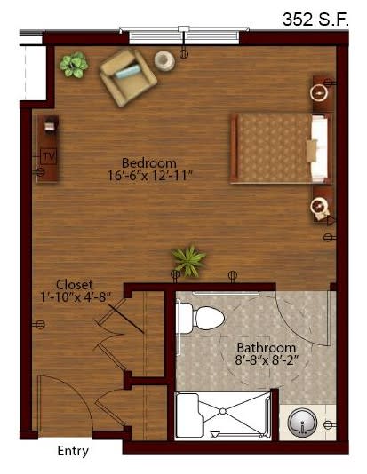 A floor plan showing the layout of a bedroom and bathroom with dimensions.