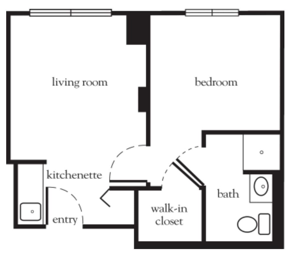 A simple floor plan featuring a living room, bedroom, kitchenette, walk-in closet, and bathroom.